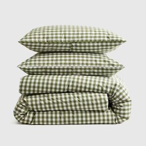 QUINCE Classic Organic Percale Duvet Cover Set King/Cal King Olive Gingham 4420